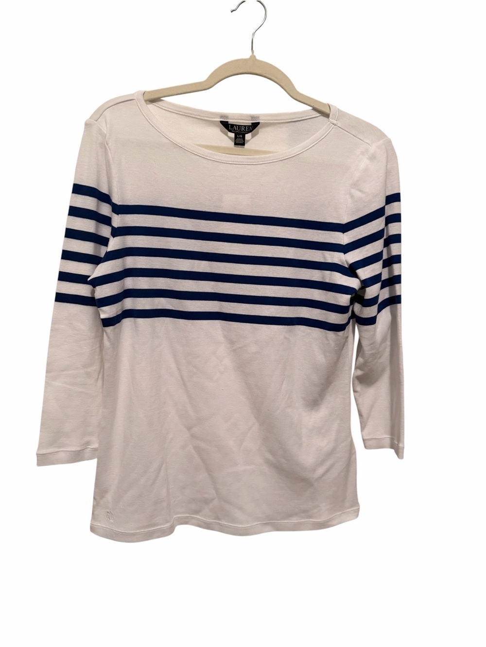 Lauren Ralph Lauren White Top with Navy Stripe 3/4 Sleeve Boatneck Large NWT